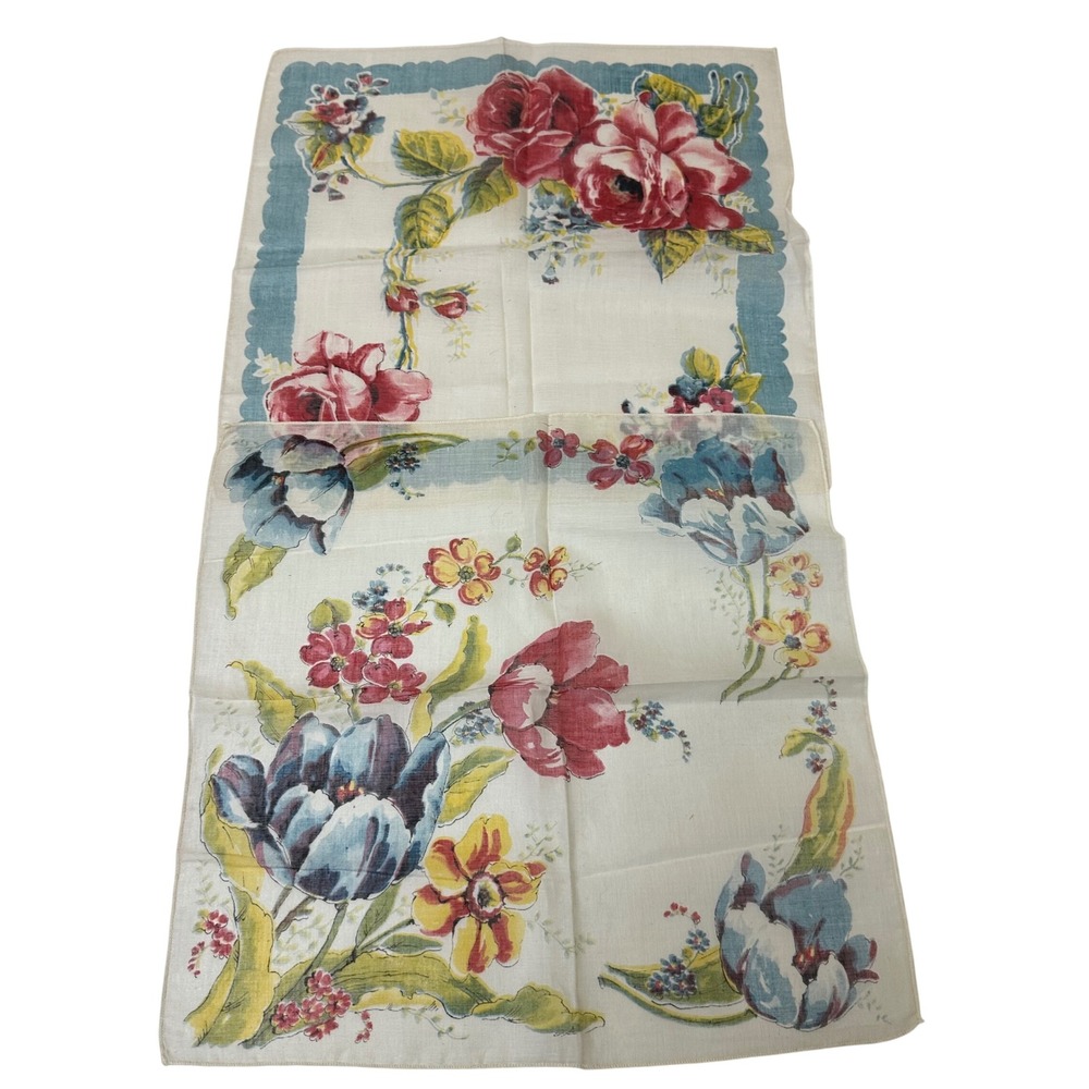 Vintage Floral Handkerchief Set Red Roses Blue Tulips Scalloped Border 2pc